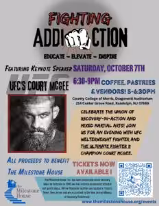 Fighting Addiction fundraising event flyer featuring guest speaker Court McGee