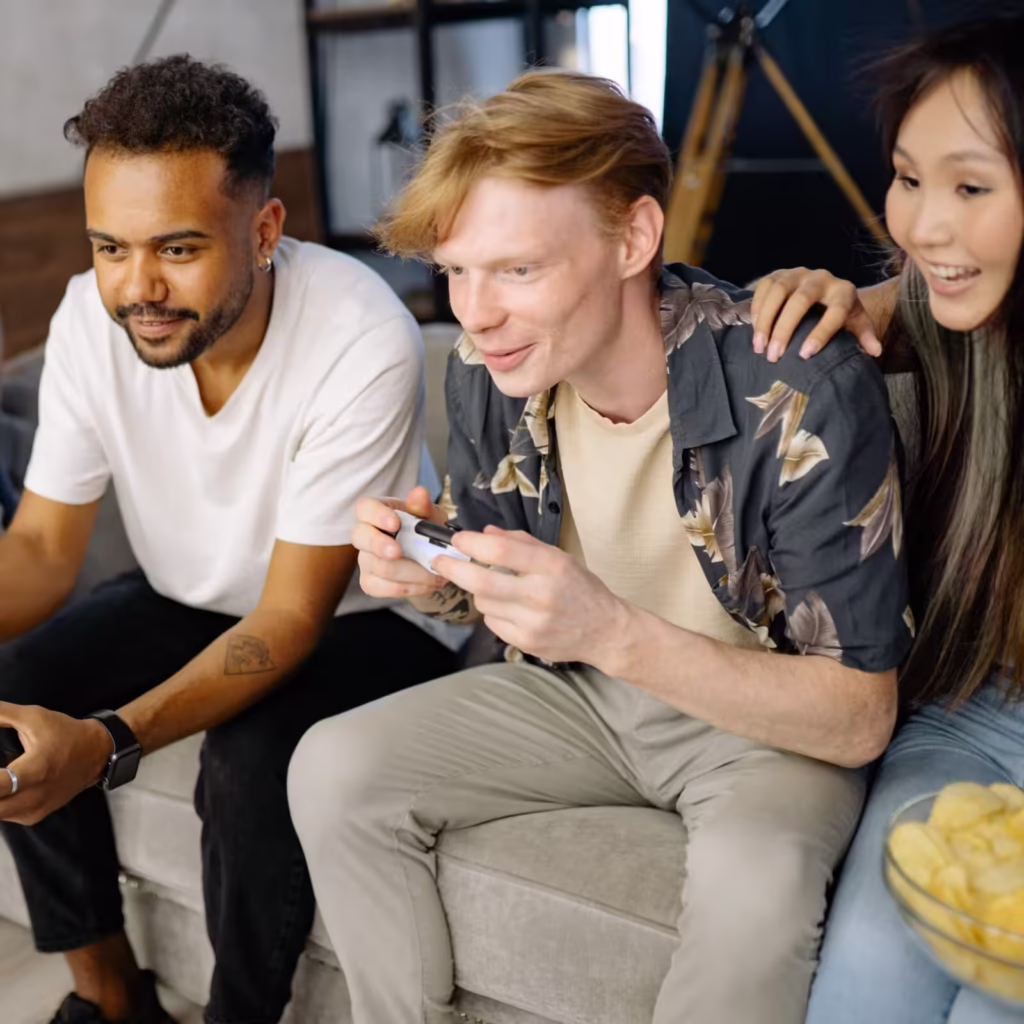 Young adults in an addiction treatment program hanging out and playing video games together